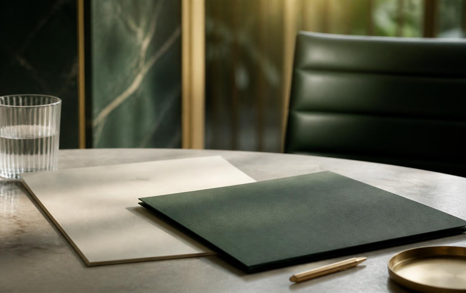A prepared briefing folder and document on a boardroom table